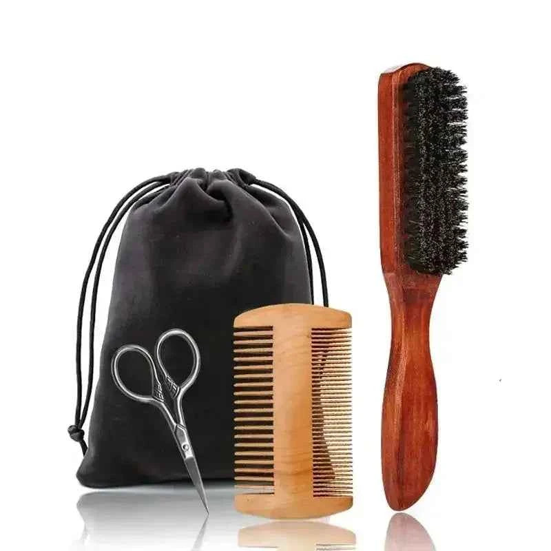 Kit de Brosse et Peigne à Barbe en Poils de Sanglier et Bois